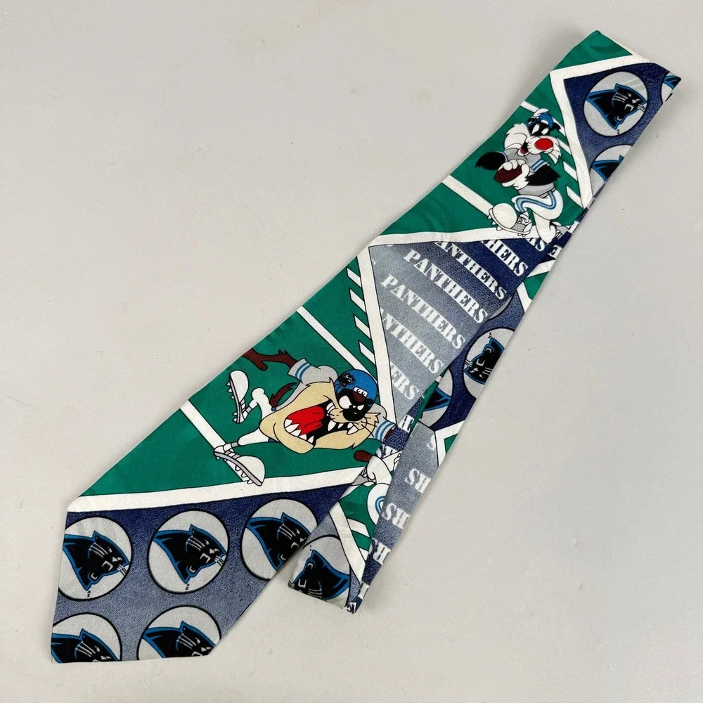 NFL Carolina Panthers 100% Silk Necktie‎ Mens  Blue Green Looney Tunes Taz 1993